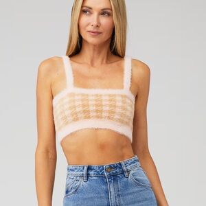 For Love and Lemons Fuzzy Pink and Tan Cher Sweater Crop Tank Top